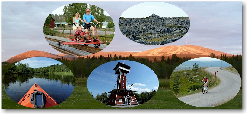 collage yllaestunturi in der abendsonne - susanne und reto auf draisine bei naesviken - gipfel des pallilaki - kajak auf dem aekaesjoki  - kinnekulle tornet - susanne mit bike auf dem levitunturi