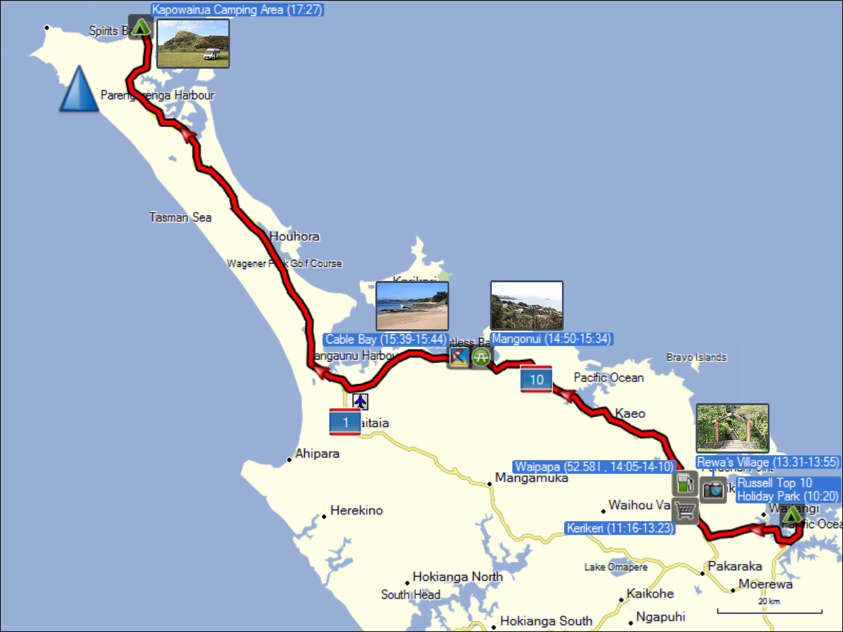 wegstrecke der fahrt von russell zum cape reinga