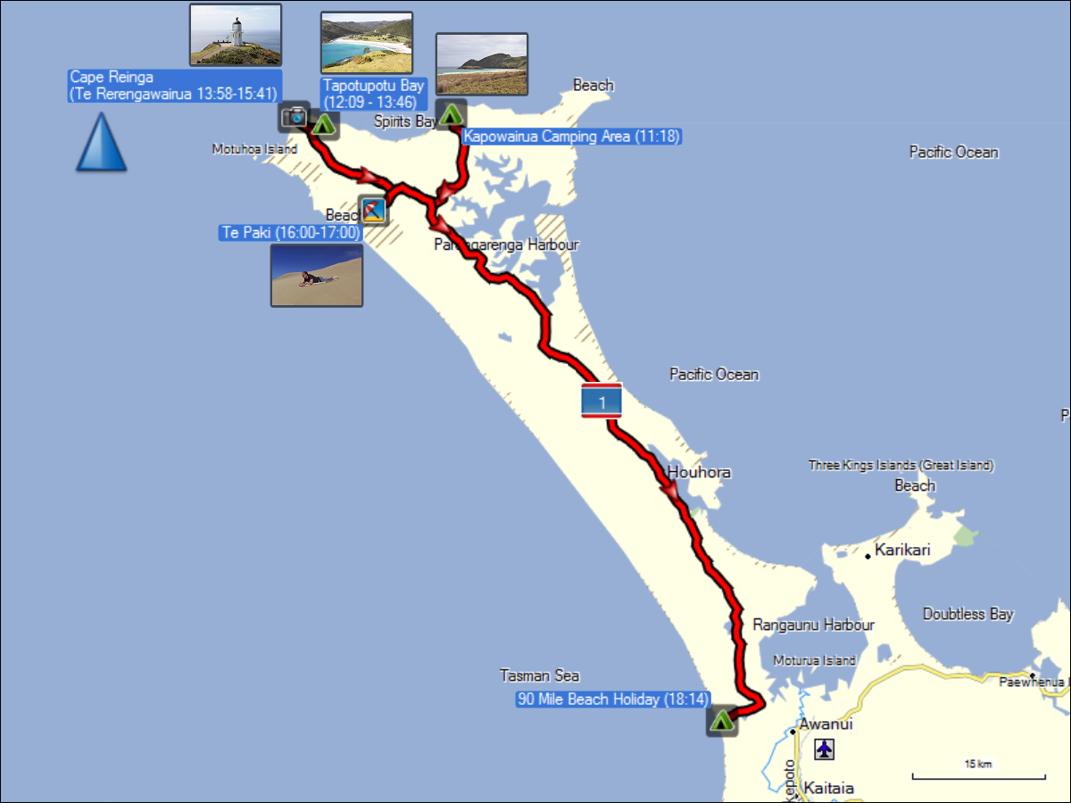 wegstrecke der fahrt von cape reinga nach awanui