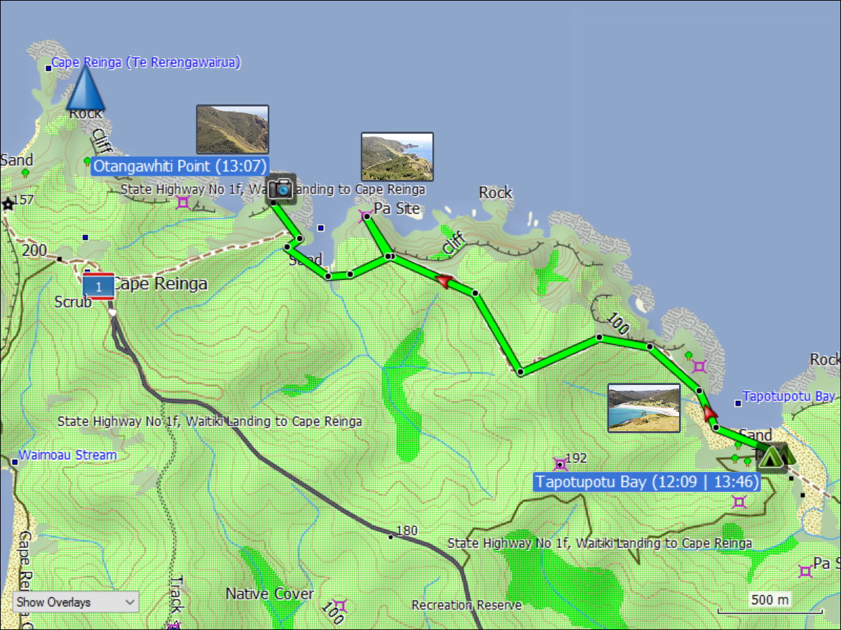 wegstrecke der kurzwanderung auf dem coastal walkway von der tapotupotu bay richtung cape reinga und zurueck