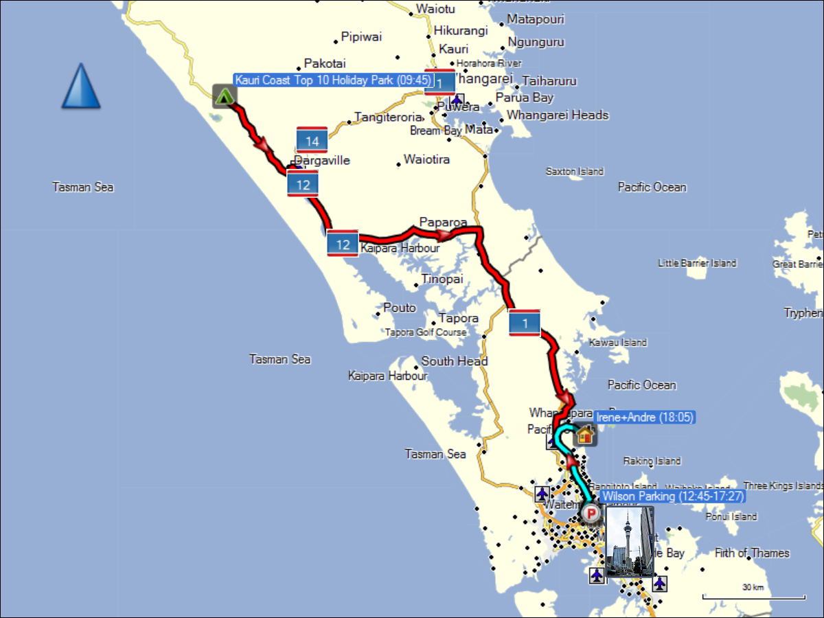wegstrecke der fahrt von waipoua nach whangapaoroa via auckland