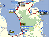 wegstrecke und hoehenprofil der fahrt von miranda zur hot water beach