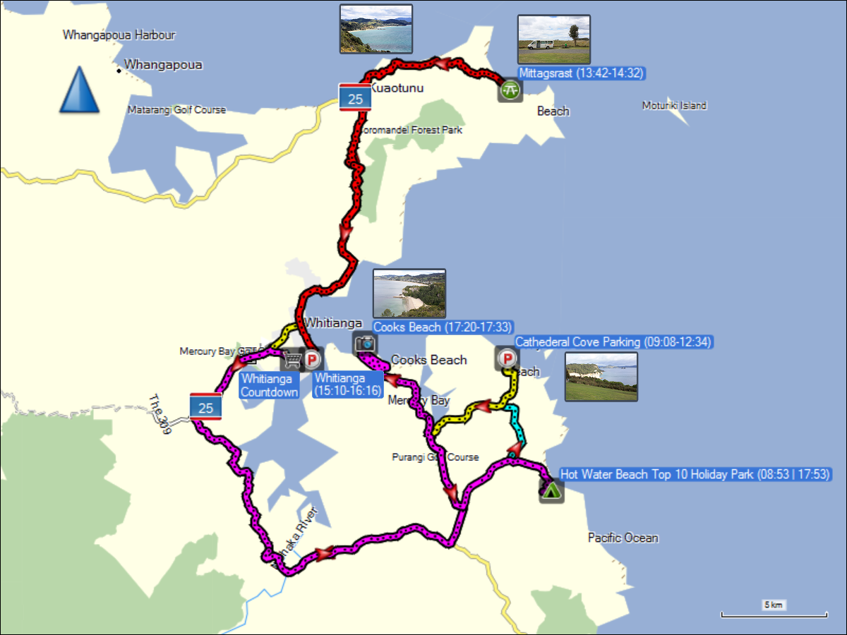 wegstrecken hot water beach - cathedral cove - optio bay - cooks bay - hot water beach
