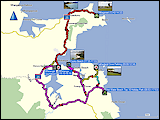 wegstrecke und hoehenprofil der fahrt hot water beach - cathedral cove - optio bay - cooks bay - hot water beach