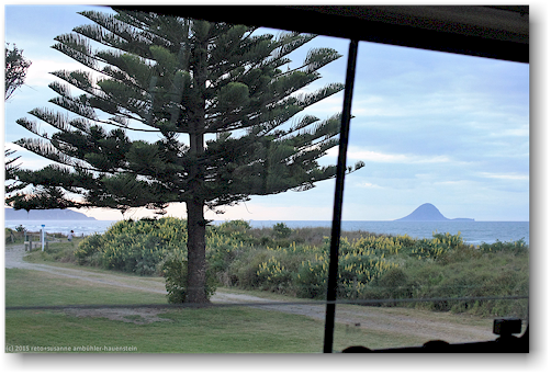 blick aus unserem campervan auf dem ohope beach top 10 holiday park