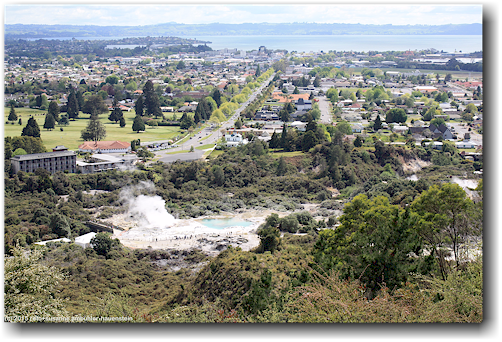 blick vom whakarewarewa forest park auf rotorua und den pohutu geyser im te puia