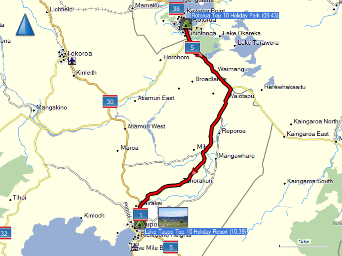 wegstrecke der fahrt von rotorua nach taupo