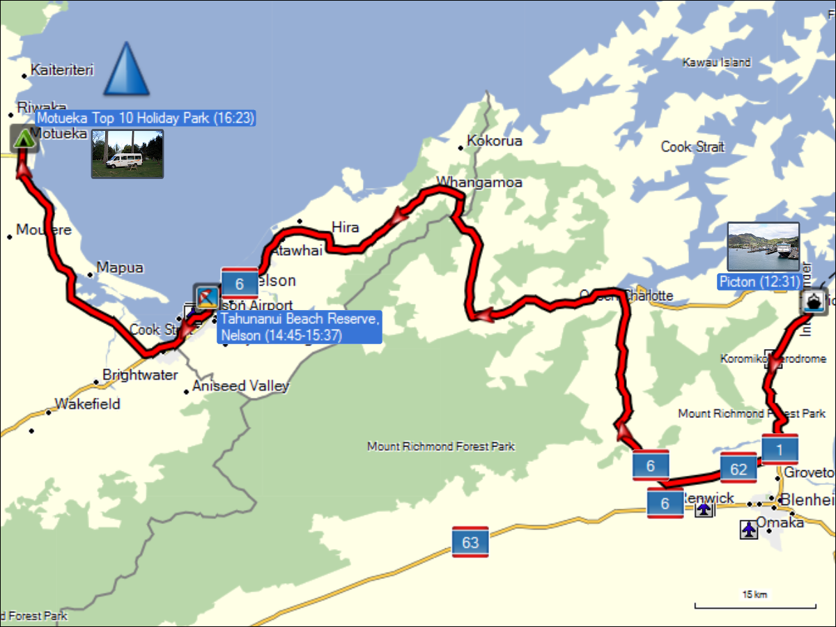 wegstrecke der fahrt von wellington (nordinsel) nach motueka (suedinsel)
