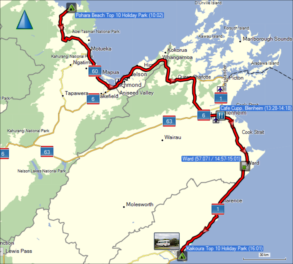 wegstrecke der fahrt von pohara nach kaikoura