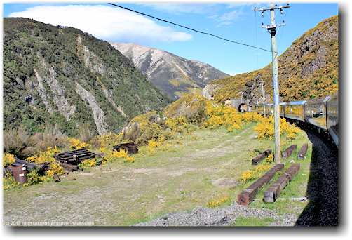 blick auf berglandschaft und den tranzalpin auf der fahrt von arthur's pass nach christchurch
