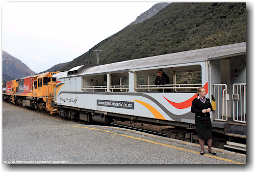 offener wagen des kiwi scenice train tranzalpin auf dem arthur's pass