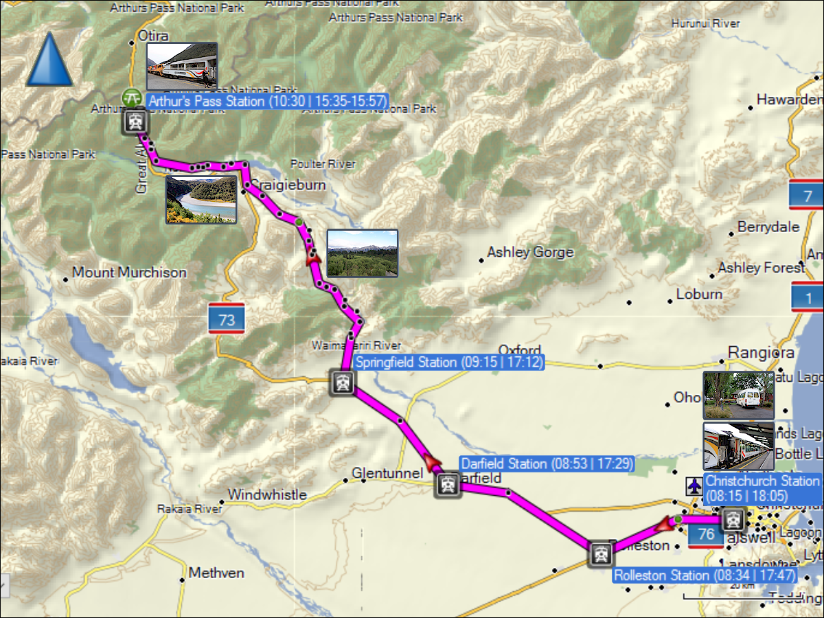 wegstrecke der fahrt mit dem tranzalpin von christchurch nach arthur's pass und zurueck