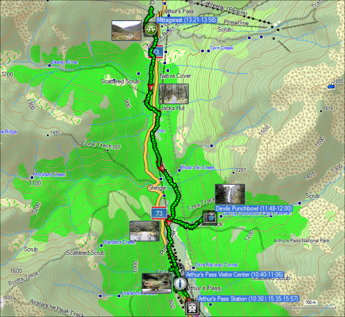 wegstrecke der wanderung auf dem arthur's pass