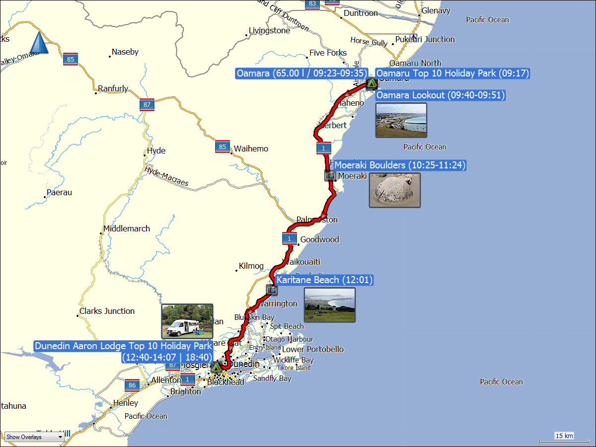 wegstrecke der fahrt von oamaru nach dunedin