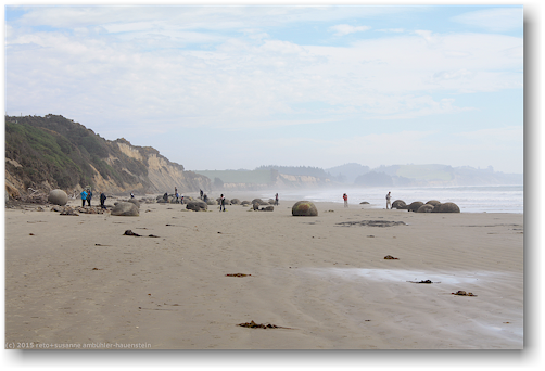 sandstrand mit moeraki boulders an der koekohe beach an der otago kueste