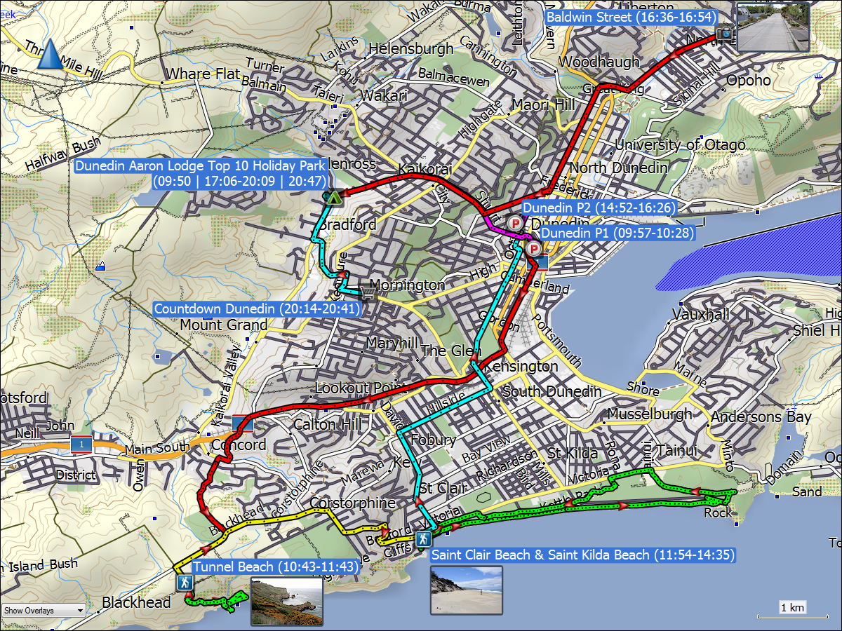 wegstrecken der fahrten und walks in dunedin