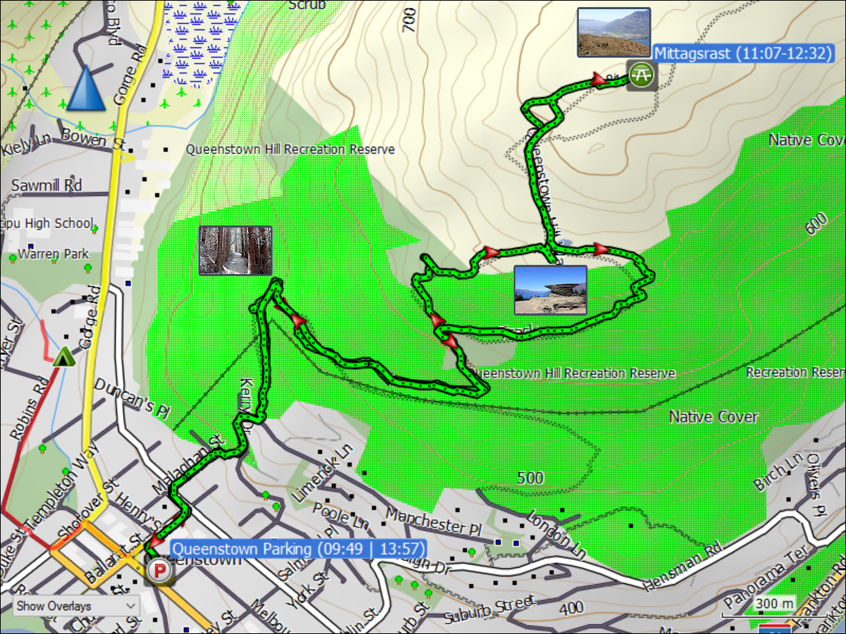 wegstrecke der wanderung zum queenstown hill