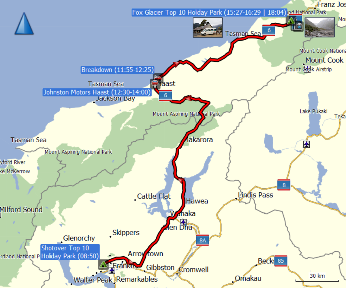 wegstrecke der fahrt von arthur's point nach fox glacier