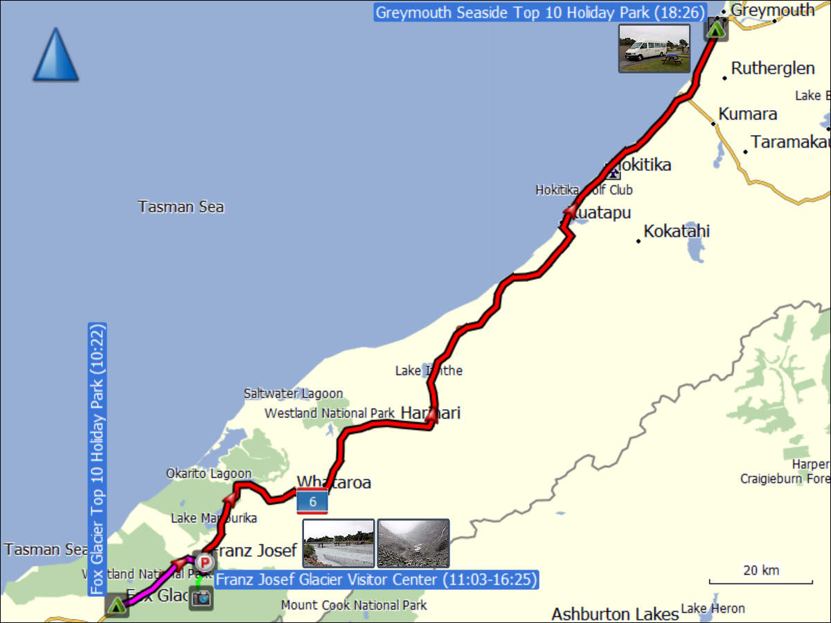 wegstrecke der fahrt von fox glacier via franz josef glacier nach greymouth