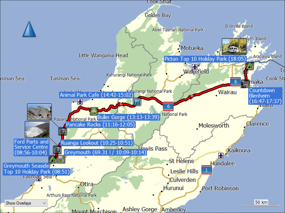 wegstrecke der fahrt von greymouth nach picton