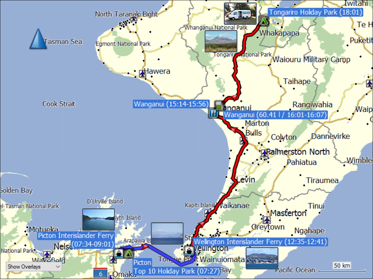 wegstrecke der fahrt von picton via wellington nach tongariro