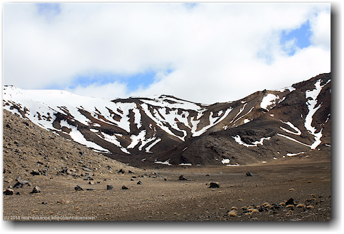 tongariro alpine crossing track: talboden des south crater mit mount tongariro im hintergrund