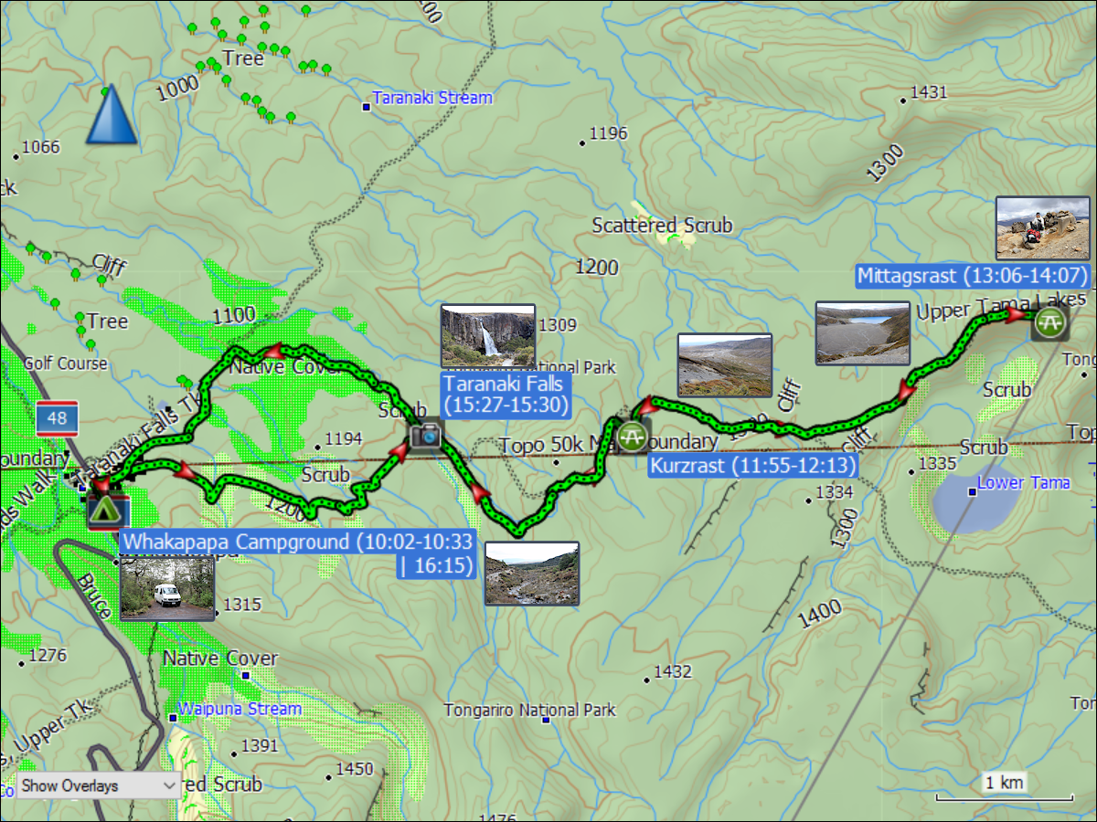 wegstrecke der wanderung von whakapapa village zum upper tama lake und zurueck
