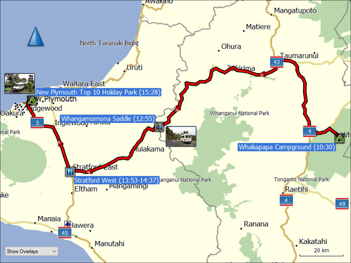 wegstrecke der fahrt von whakapapa village nach new plymouth