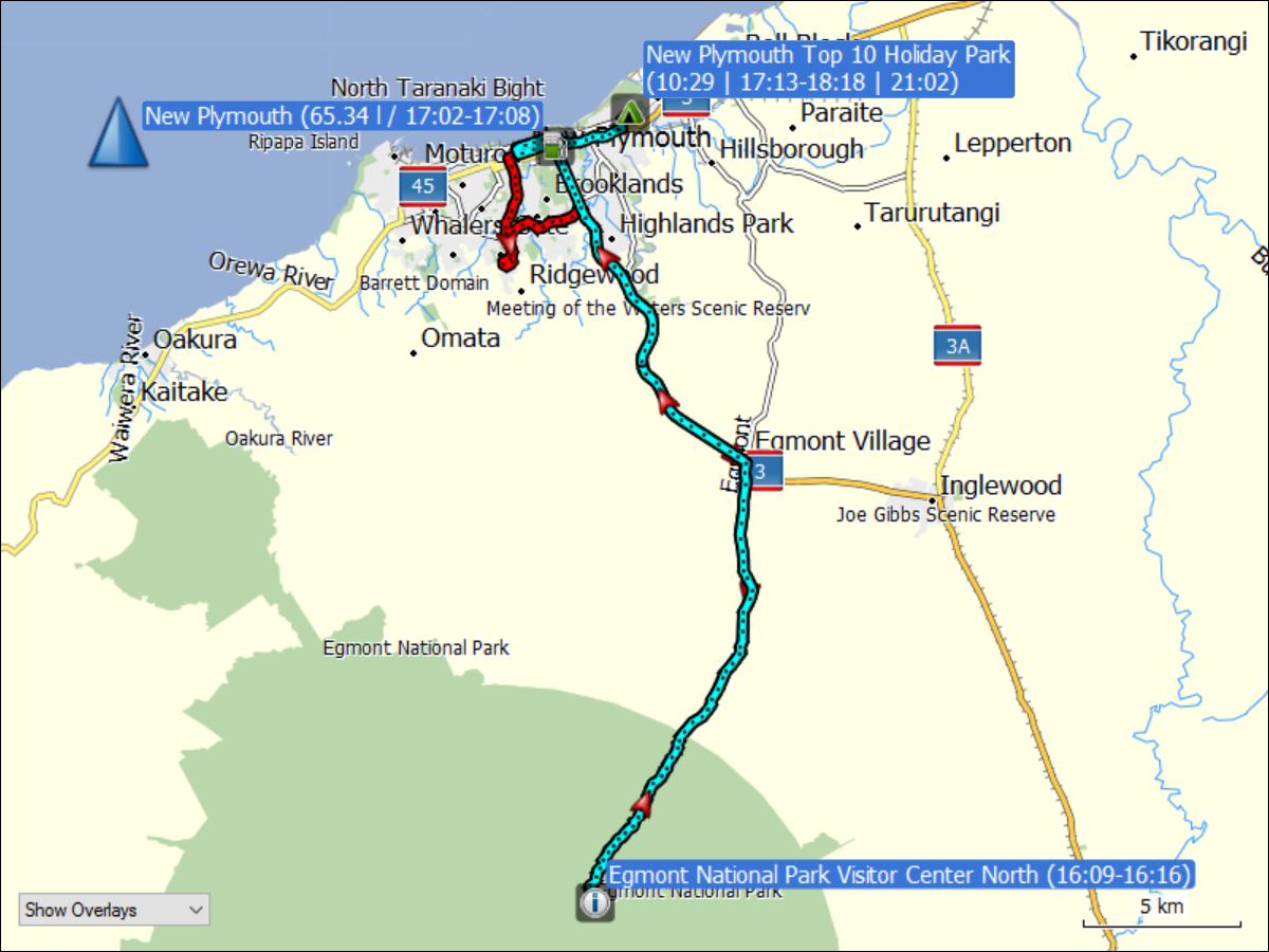 wegstrecke der fahrt von new plymouth zum egmont national park visitor center north und zurueck