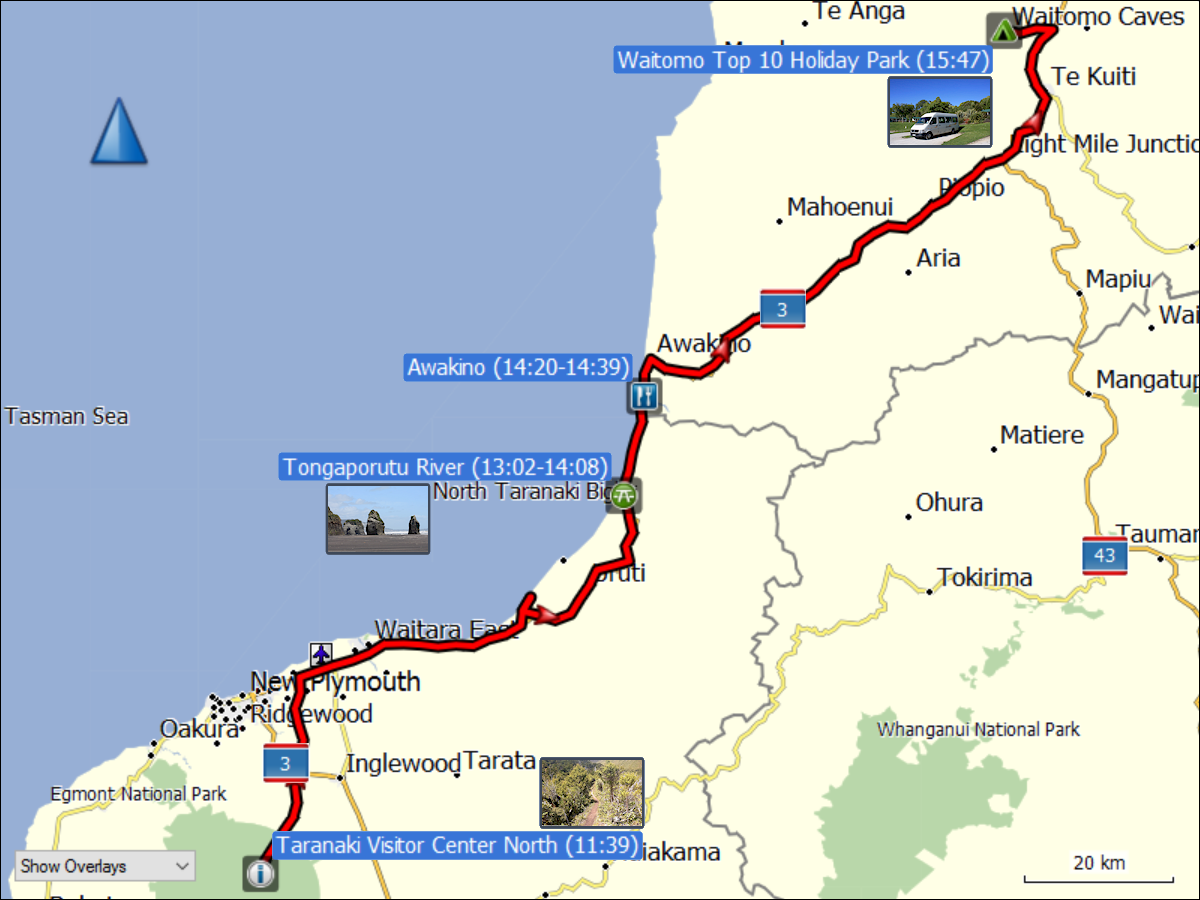 wegstrecke der fahrt von taranaki nach waitomo