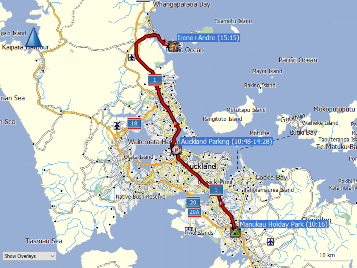 wegstrecke der fahrt von manukau via auckland nach whangapaoro