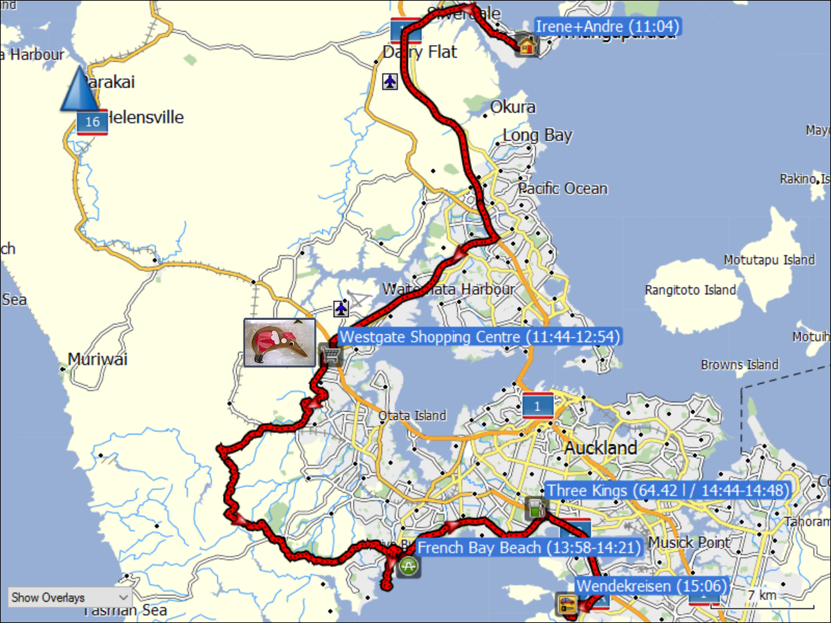 wegstrecke der fahrt von whangapaoroa via westgate shopping centre und french bay beach zum autoverleih wendekreisen in auckland