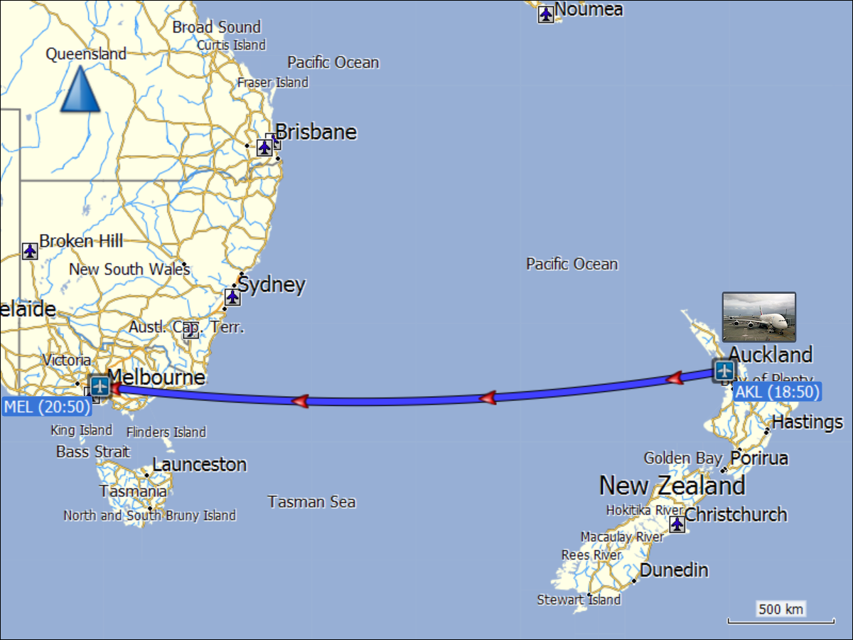 wegstrecke des fluges von auckland (AKL) nach melbourne (MEL)