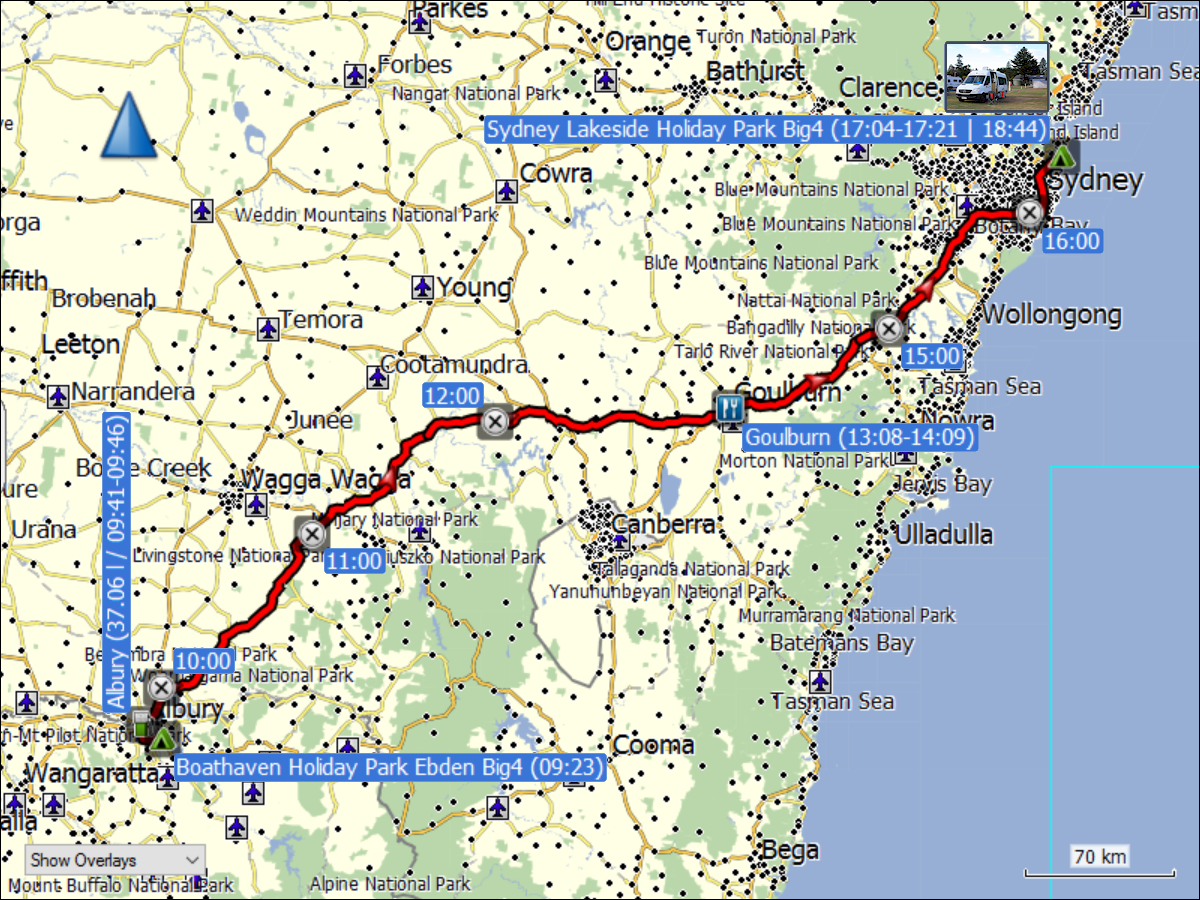 wegstrecke der fahrt von ebden nach narrabeen (sydney)