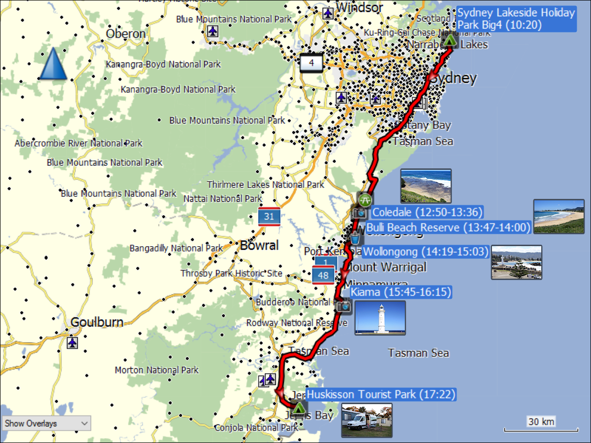wegstrecke der fahrt von narrabeen (sydney) nach huskisson