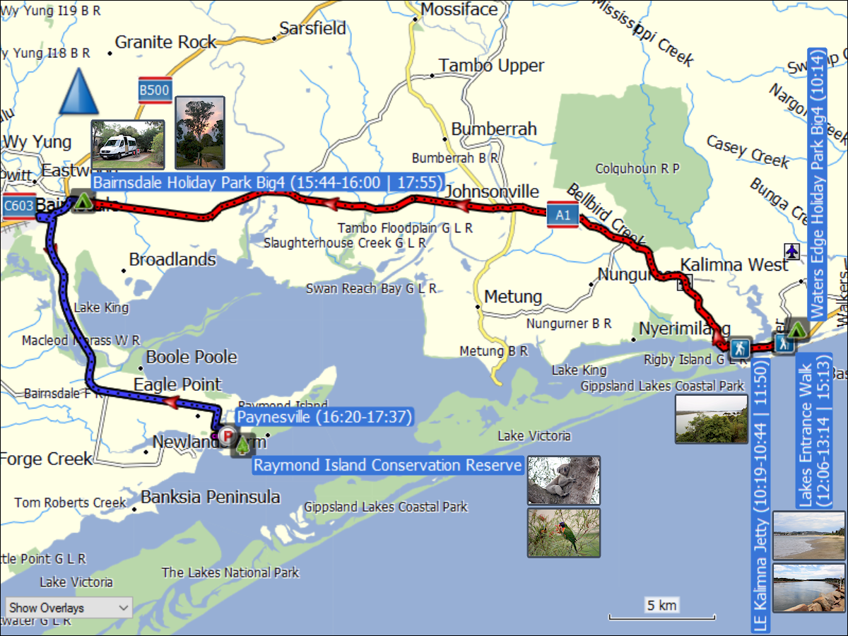 wegstrecken der fahrten in lakes entrance nach bairnsdale, nach paynesville und zurueck nach bairnsdale