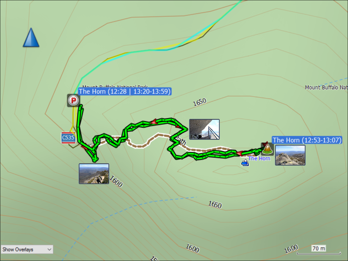 wegstrecke der kurzwanderung vom parkplatz zu "the horn" und zurueck im mount buffalo national park