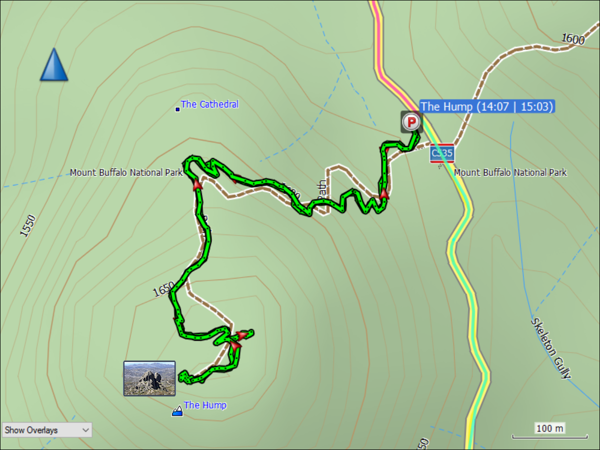 wegstrecke der kurzwanderung vom parkplatz zu "the hump" und zurueck im mount buffalo national park