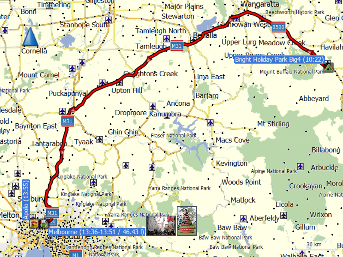 wegstrecke der fahrt von bright nach melbourne 