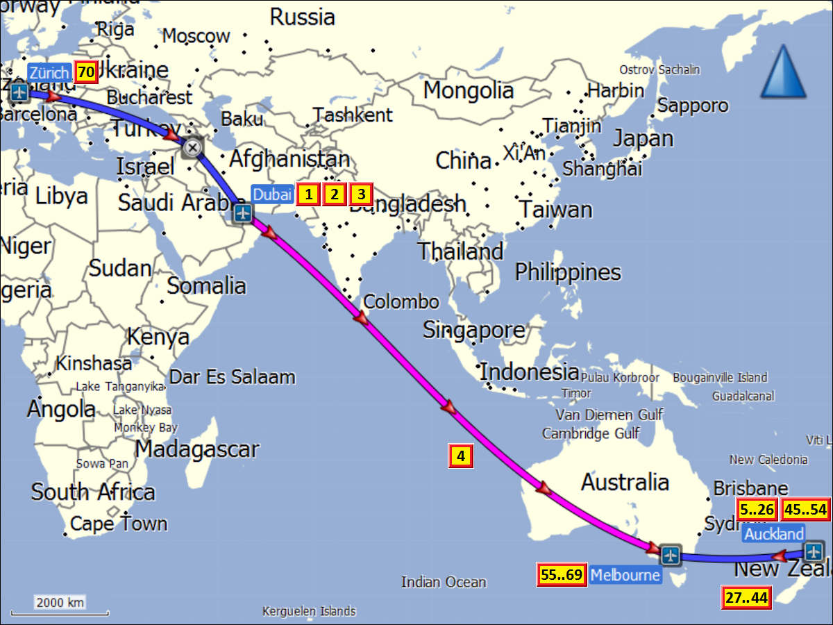 zurueckgelegte wegstrecke mit tageszielen in dubai, neuseeland und suedost-australien