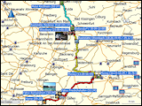karte mit wegstrecke der fahrt von daheim via mering und wuerzburg nach kirchheim