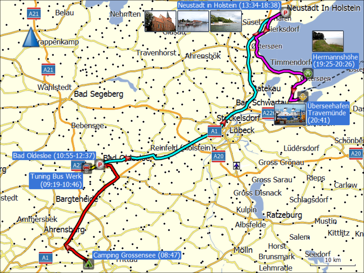 wegstrecke der fahrt von grossensee via bad oldesloe und neustadt in holstein nach travemuende