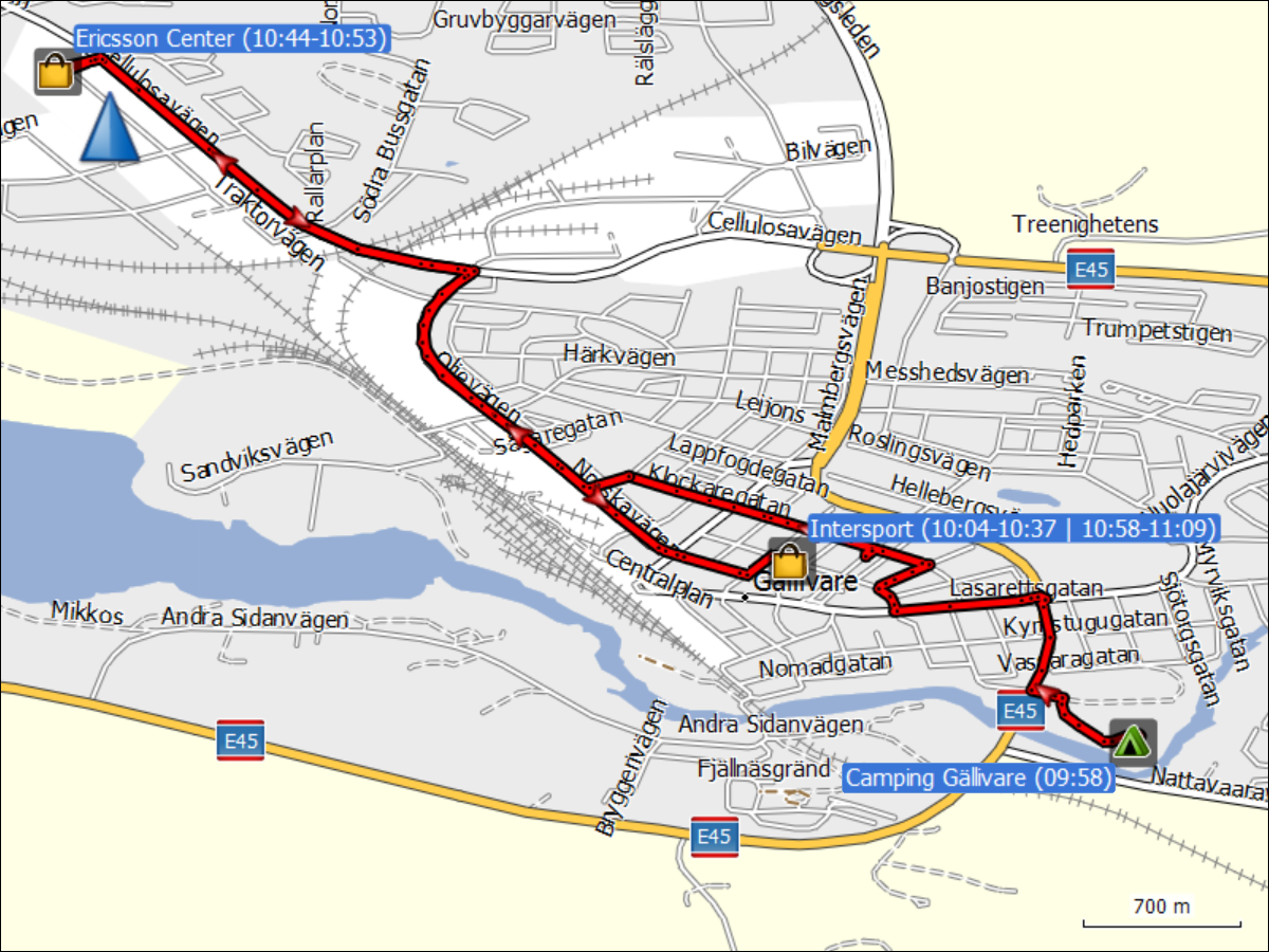 wegstrecke der fahrt vom camping gaellivare zum intersport, zum ericsson center und wieder zum intersport