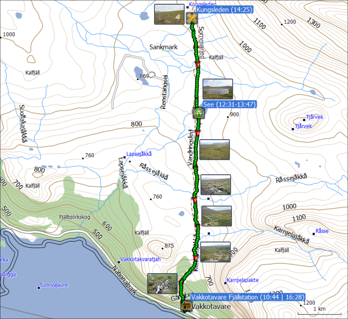 wegstrecke der wanderung im stora sjoefallets nationalpark