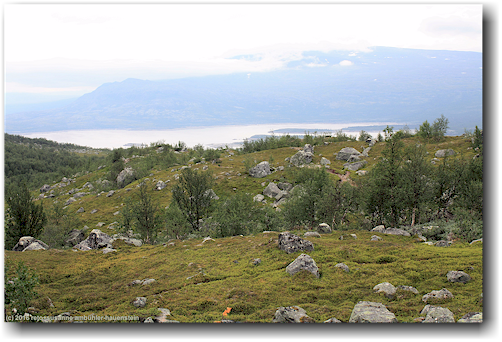 blick vom kungsleden bei karnjelajakka auf den alemusjaure im stora sjoefallets nationalpark