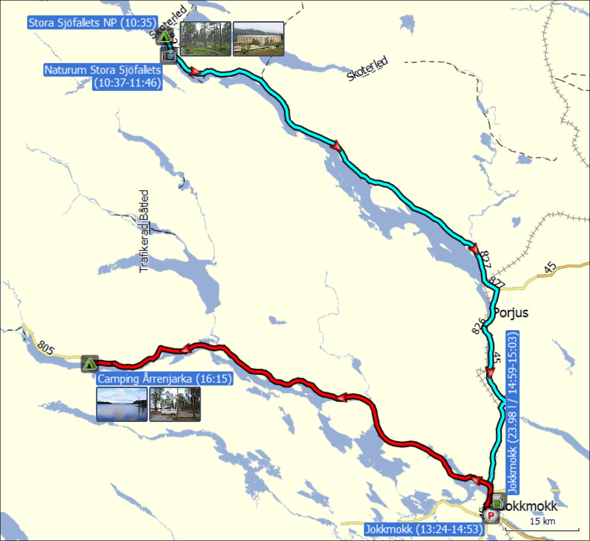 wegstrecke der fahrt von stora sjoefallets via naturum und jokkmokk nach arrenjarka