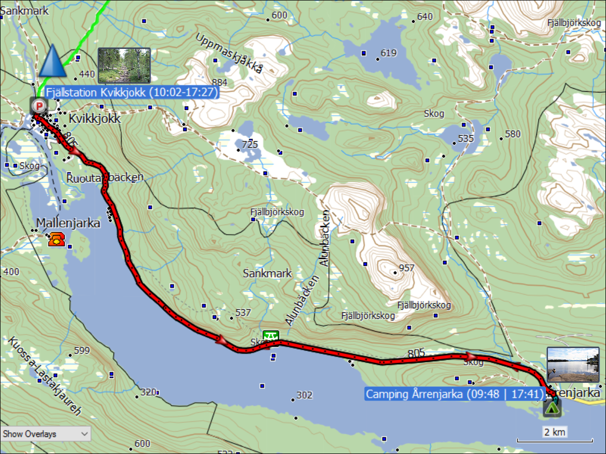 wegstrecken der fahrten camping arrenjarka zum parkplatz bei der fjaellstation kvikkjokk und zurueck