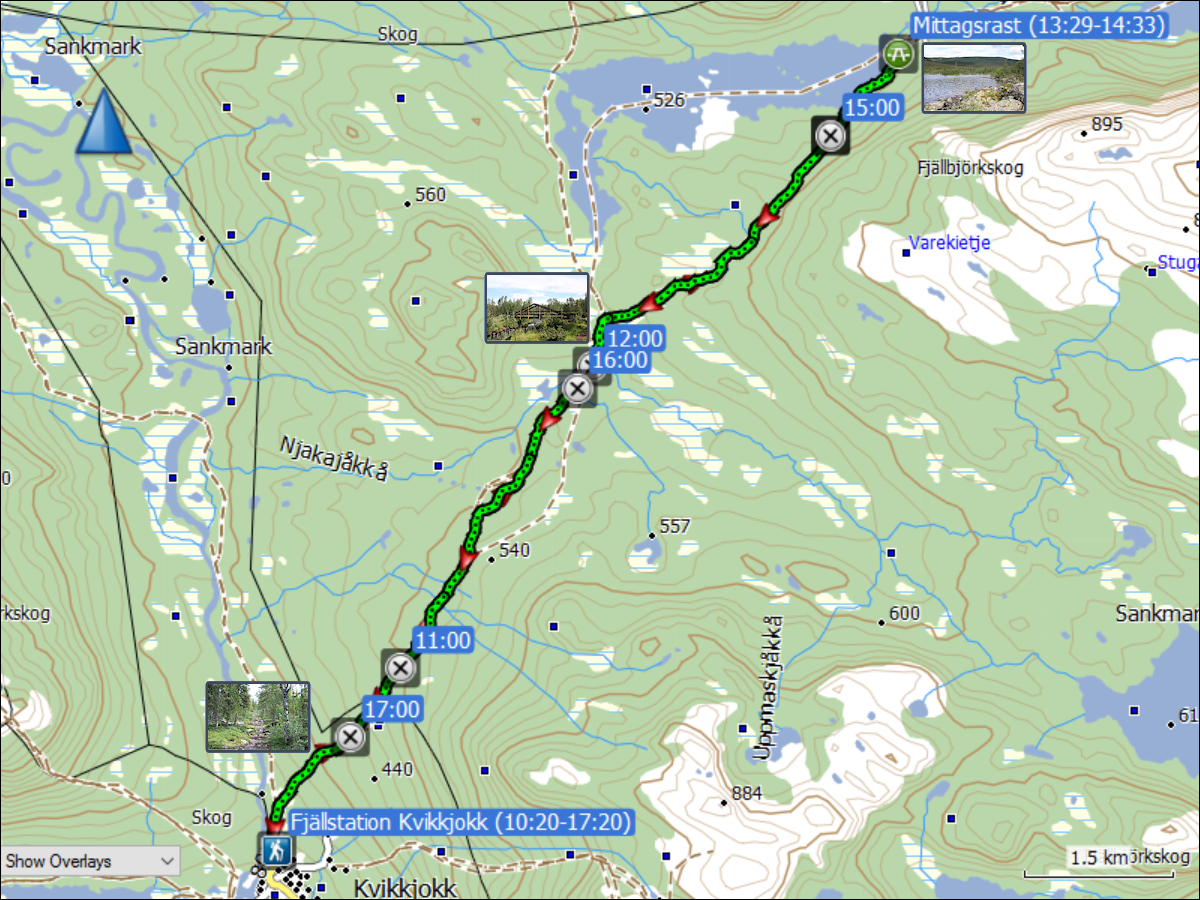 wegstrecke der wanderung ueber den kungsleden von kvikkjokk zum stuor tata und zurueck