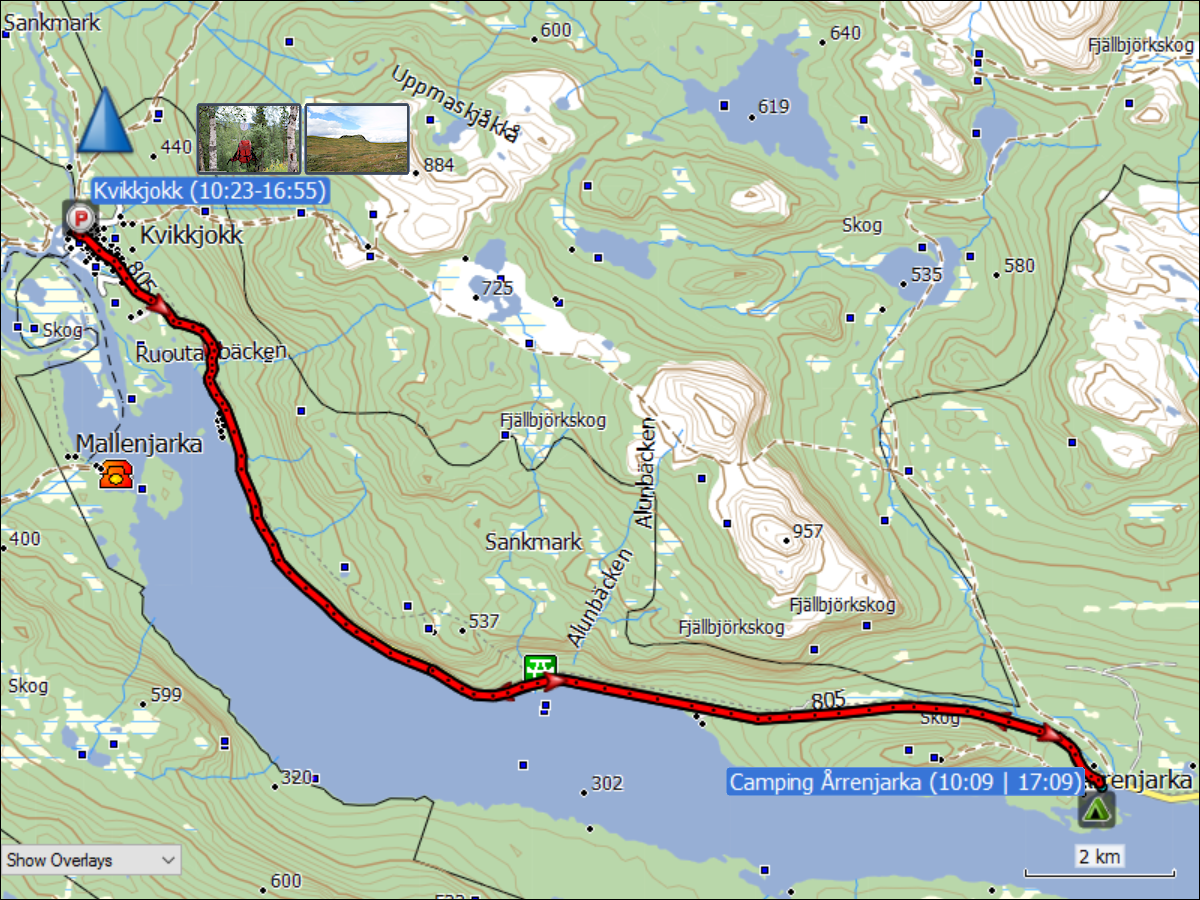 wegstrecken der fahrten camping arrenjarka zum parkplatz bei der fjaellstation kvikkjokk und zurueck