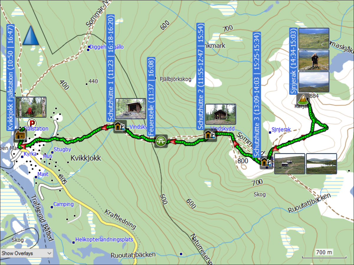 wegstrecke der wanderung von kvikkjokk auf den sjnjerak und zurueck
